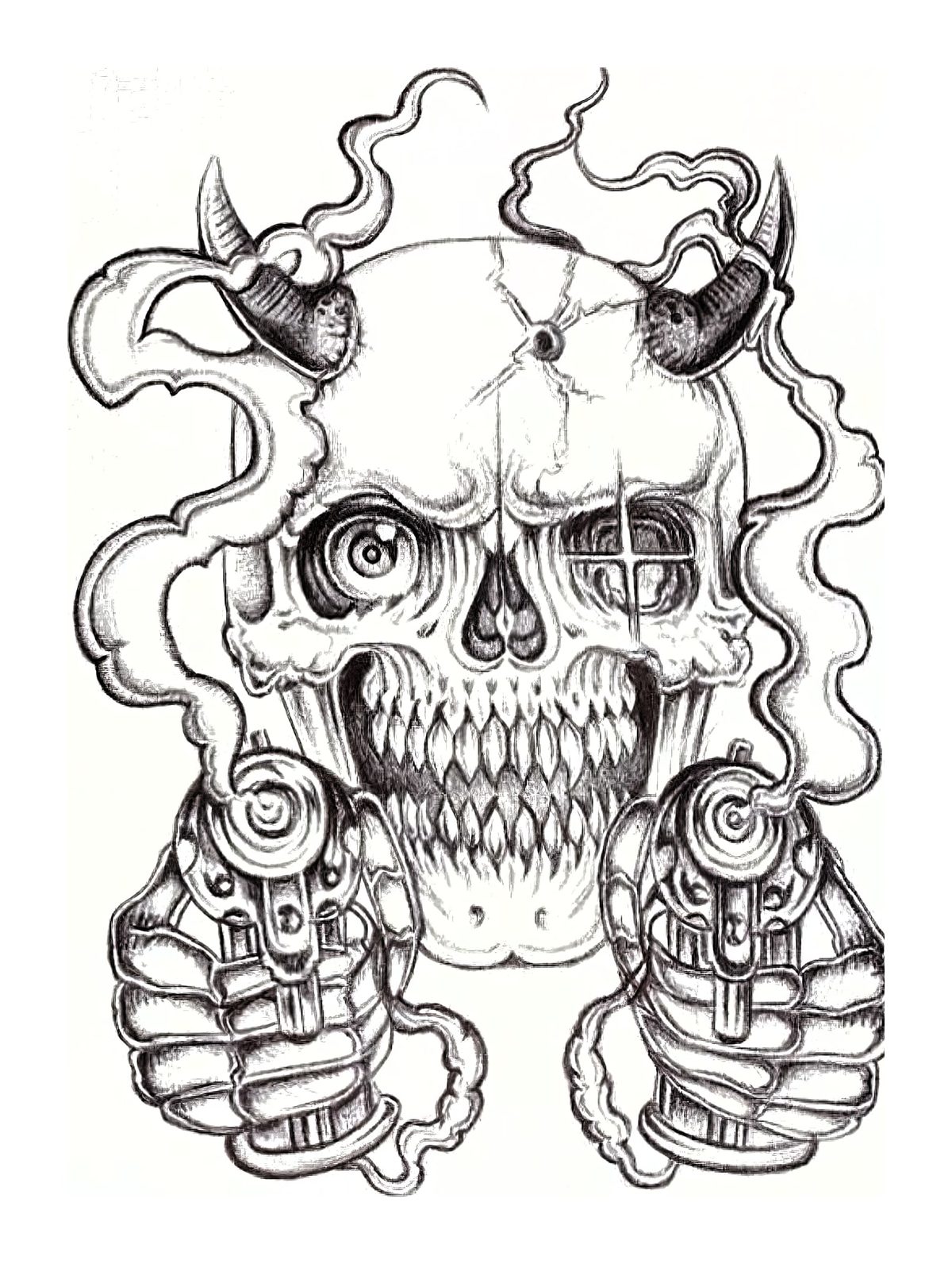 Demonic Skull with Smoking Guns