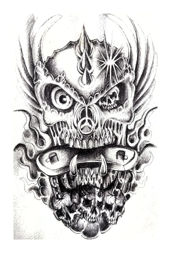 Skull and Flames Fine Line